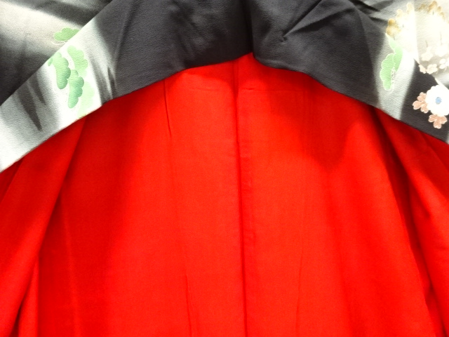  大正ロマン　錦紗草花に幕・御所車模様刺繍五つ紋花嫁衣装振袖3枚重ね